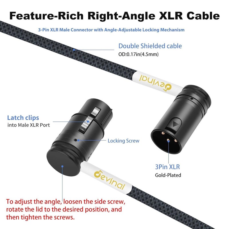 Devinal Right Angle XLR Cable, 360 Degree Rotatable Angle Female XLR to 360 Degree Rotatable Angle Male XLR Microphone Mic Cable Cord Adapter 6 FT 2 pcs - Image 2